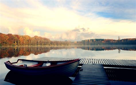 Nature Boat Pier Lake Clouds Fall Trees Forest Wallpapers Hd