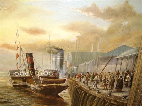 Antiques Atlas 19thc Oil Painting Paddle Steamer Docking Quayside
