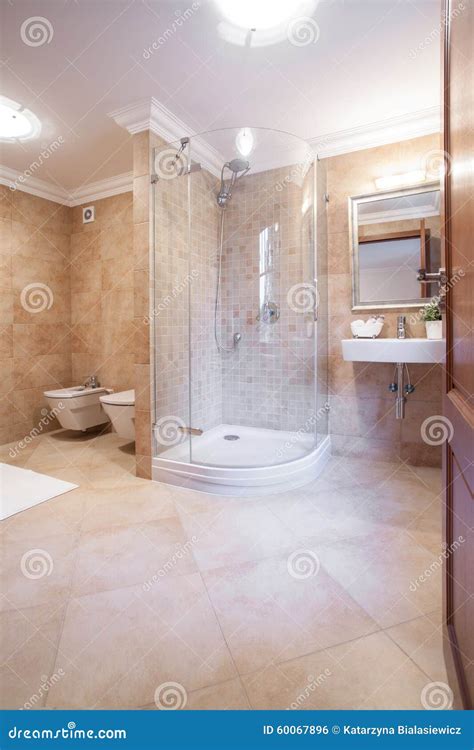 Spacious Warm Bathroom With Shower Stock Photo Image Of Mansion