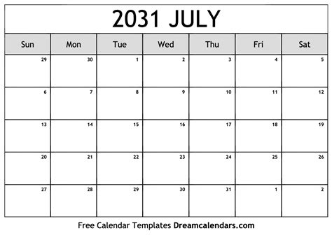 July 2031 Calendar Free Blank Printable With Holidays