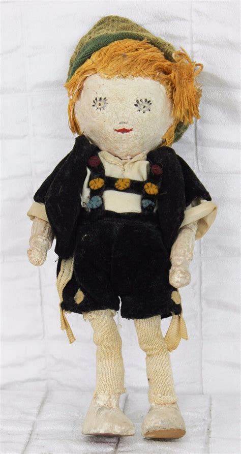 Vtg German Boy Doll Paper Mache Linen Lederhosen Painted Face Hat Blond