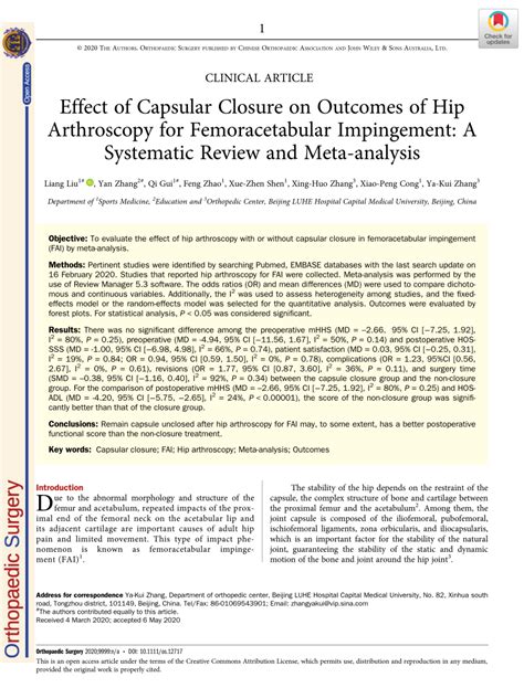 Pdf Effect Of Capsular Closure On Outcomes Of Hip Arthroscopy For