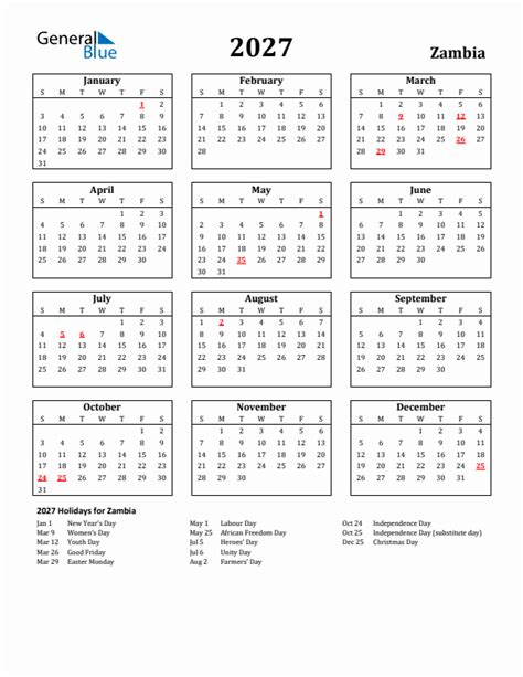 Free Printable 2027 Zambia Holiday Calendar