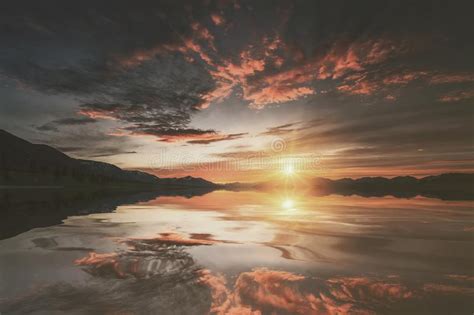 Colorful Red Sunset Over The Sea And The Mountains Stock Image Image