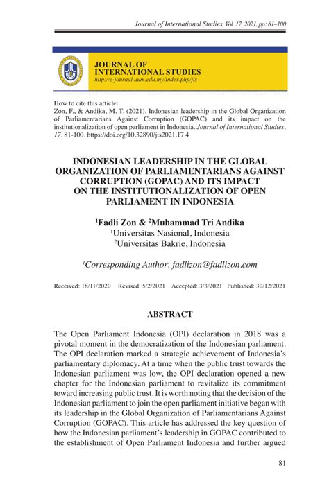 pdf indonesian leadership in the global organization of parliamentarians against corruption
