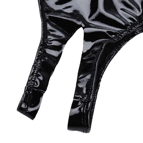 Black Women Lingerie Wet Look Open Crotch High Cut Panties Mini Briefs