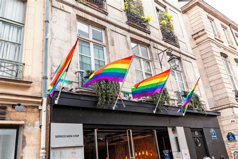 Rainbow Flags Of Lgbt Pride Community In Gay District Of Paris Editorial Photography Image Of