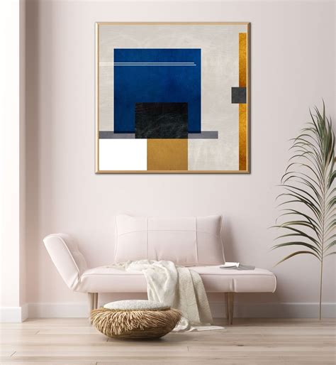 Large Square Blue And Golden Abstract Geometric Shapes Printable Wall