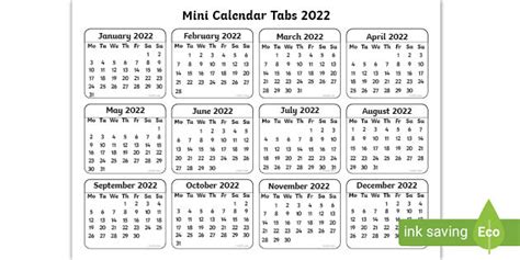 Mini Calendar Tabs 2022 Teacher Made
