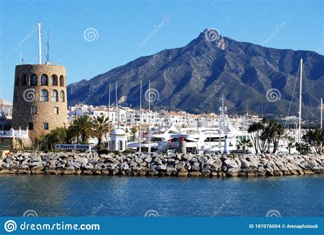 Harbour Watchtower And Town At Puerto Banus Marbella Editorial Stock