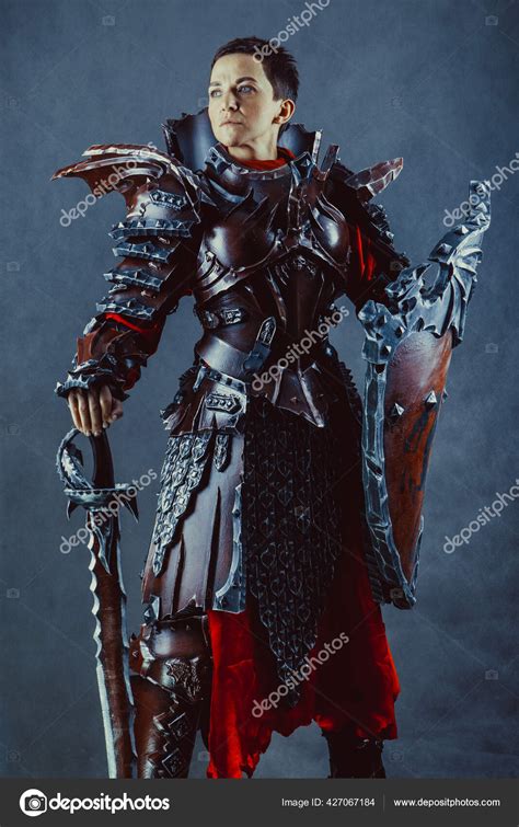 Portrait Medieval Female Knight Armor Sword Shield Hands Blue