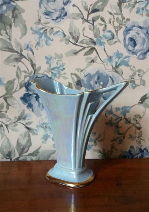 Item Art Deco Vase Lustreware Hand Painted Iridescent Blue And Gold