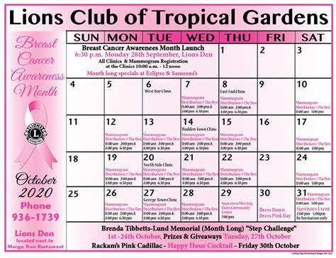 October 2020 Breast Cancer Awareness Calendar Cayman Islands Cancer
