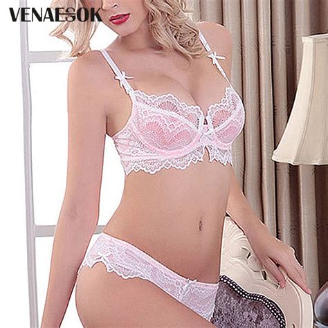 Pink Bra And Panties Set Transparent Ultrathin Sexy Underwear Hollow Out Brassier