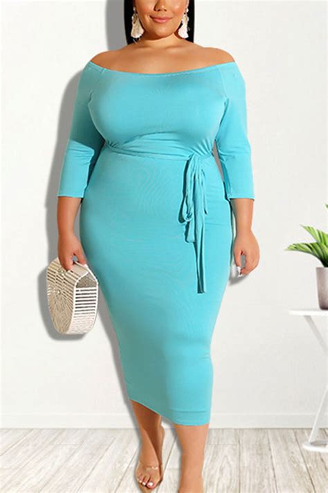 fashion blue casual solid bandage patchwork off the shoulder one step skirt plus size dresses