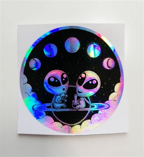 Holographic Tripping Aliens Sticker Outer Space Holo Decals Etsy