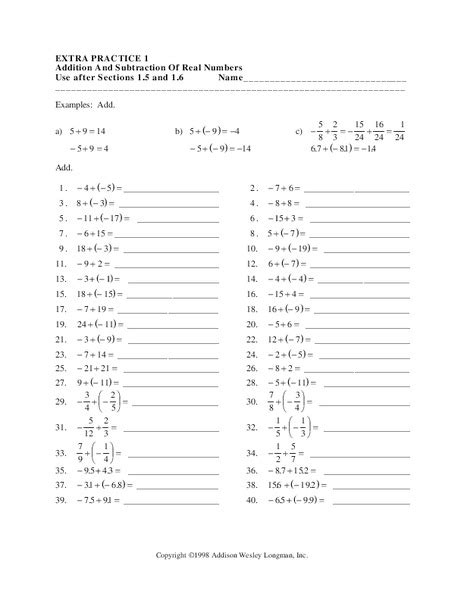 Addition And Subtraction Of Real Numbers Worksheets