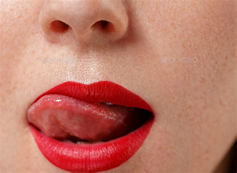 Tongue Open Mouth Woman Lips Close Up Licking Lips Red Lipstick Stock