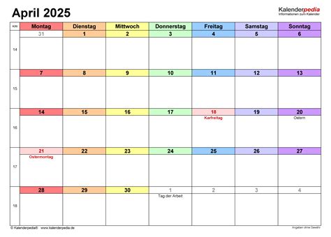 Kalender April 2025 Als Excel Vorlagen