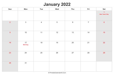 Printable Calendar January 2022 Landscape Blank Calendar