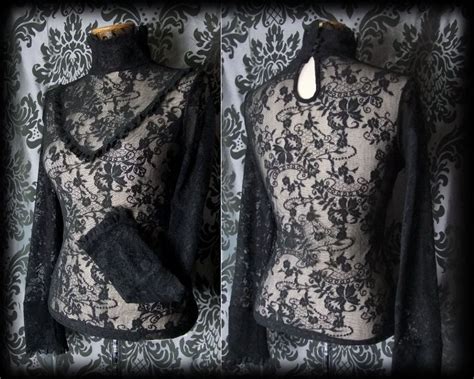 Gothic Black Lace Bib Detail Strict Governess High Neck Blouse 8 10