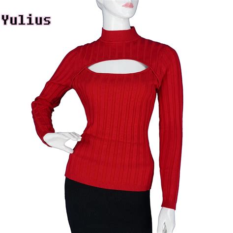 Sexy Open Chest Sweaters Harajuku Women Slim Anime Keyhole Pullovers Turtleneck Collar Knit