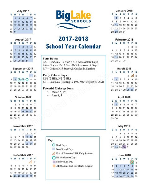 2017 2018 School Year Calendar Big Lake Public School District