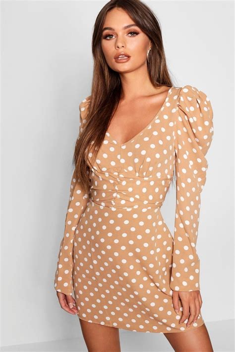 Womens Rouched Sleeve Button Front Polka Dot Mini Dress Beige
