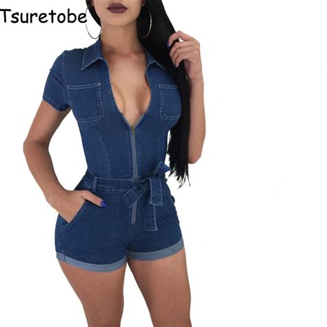 Tsuretobe Blue Sexy Denim Jumpsuit Women Cardigan Zipper Deep V Turn Down Collar Jumpsuit Casual