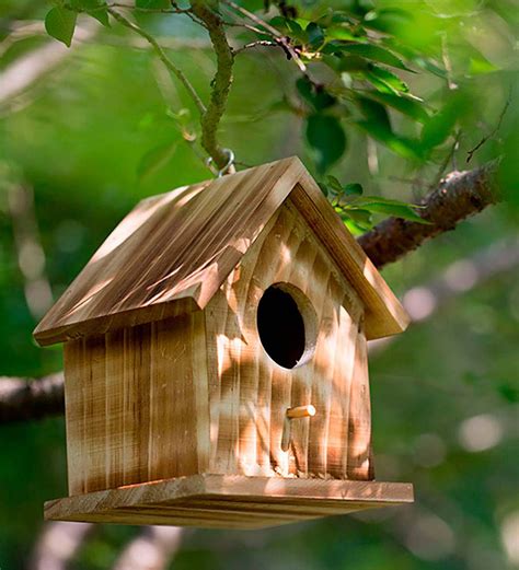 The hole should be placed 2 inches (5.1 cm) from the top of the wood and 2.5 inches (6.4 cm) from both sides. Colonial Wood Bird House | PlowHearth