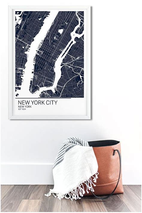 New York City Map Framed Canvas Or Print Map Of New York Etsy Map Of New York City Map Wall