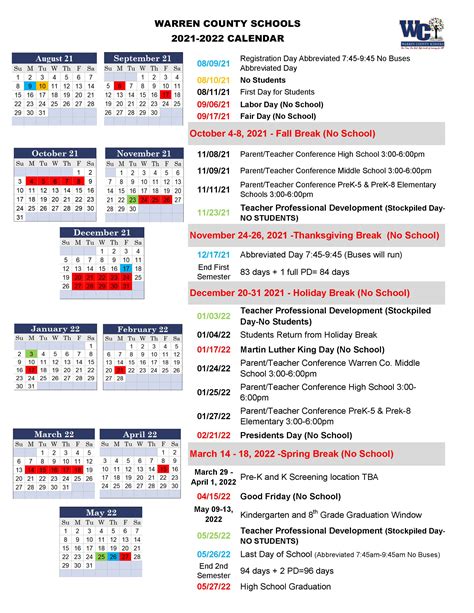 Warren County Schools Calendar 2021 And 2022