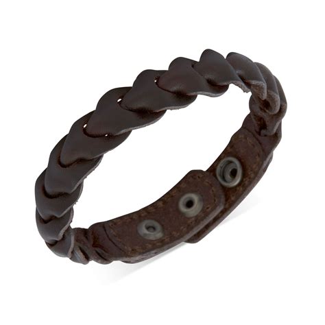 Fossil Brass And Brown Leather Braided Wrap Bracelet In Black For Men