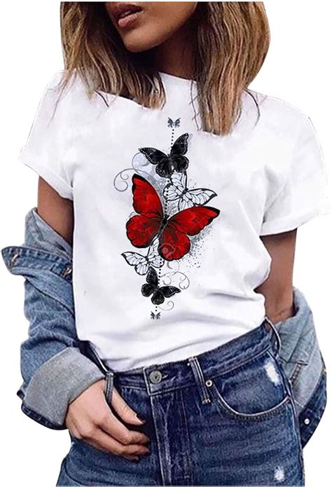 Gzmmyi Tops For Womenbutterfly Printed Shirt Solid Color O