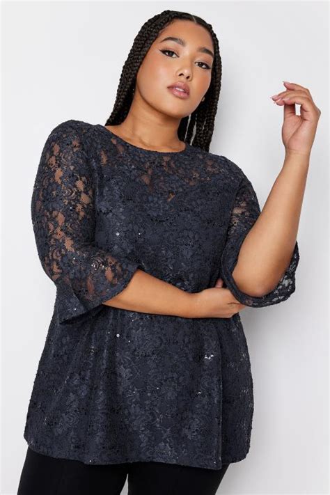 Yours Plus Size Black Lace Sequin Embellished Swing Top Yours Clothing