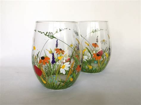 Hand Painted Stemless Wine Glasses Wild Flower Decor Home Etsy