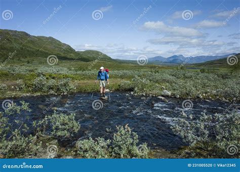 Hiking In Swedish Lapland Man Crossing River Trekking In Sweden In