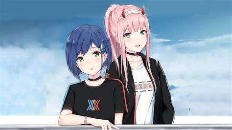 Darling In The Franxx Ichigo Zero Two Wearing Black Dress With Background Of Blue Sky And Clouds
