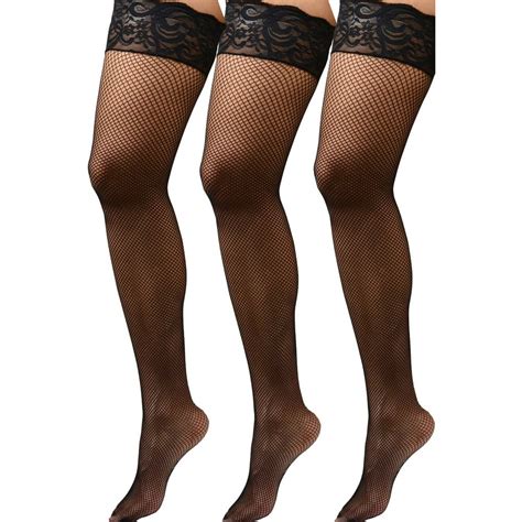 Angelique Womens Plus Size Hosiery Black Fishnet Lace Top Stay Up