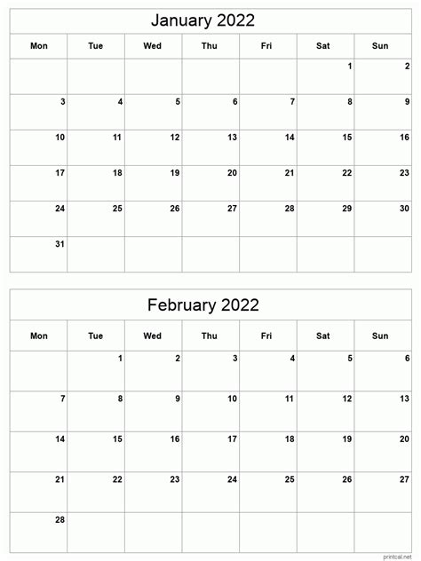 January To February 2022 Printable Calendar Two Months Per Page