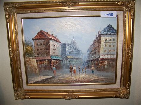 Vintage Oil On Canvas Painting Signed Burnett European Street Scene