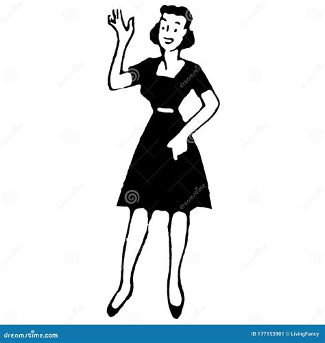 Vintage Clipart 195 Woman In Dress Waving Stock Illustration