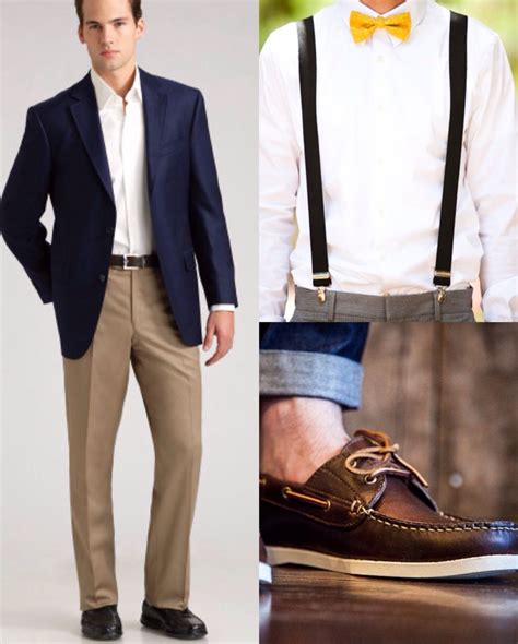 For The Groomsmen Blue Blazer Khaki Pants Suspenders Yellow Bow Tie Brown Boat Shoes
