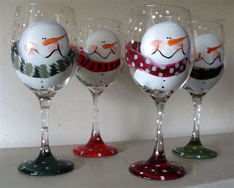 Snowman Wine Glasses Set Of 4 Etsy Wine Glass Crafts Decorated