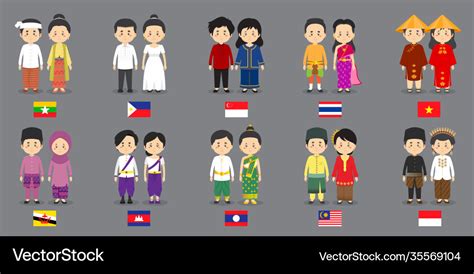 Set Asean Characters With Traditional Dress Vector Image