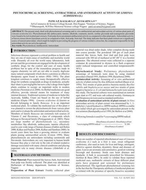 pdf phytochemical screening antibacterial and antioxidant activity of limonia acidissima l