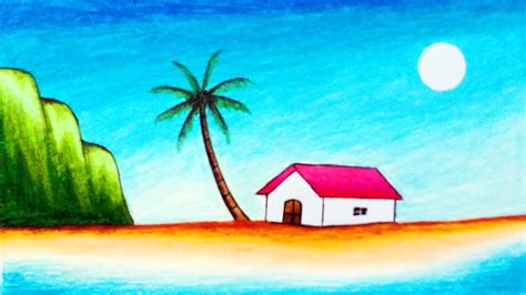 Contoh Lukisan Pemandangan Di Tepi Pantai Yang Mudah Cara Menggambar