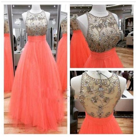 Long Coral Tulle Prom Dress With Beaded Illusion Bodice On Luulla
