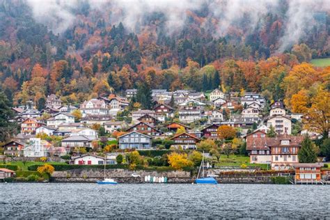 Snow Capped Mountain In Autumn Of Interlaken Village Switzerland Stock