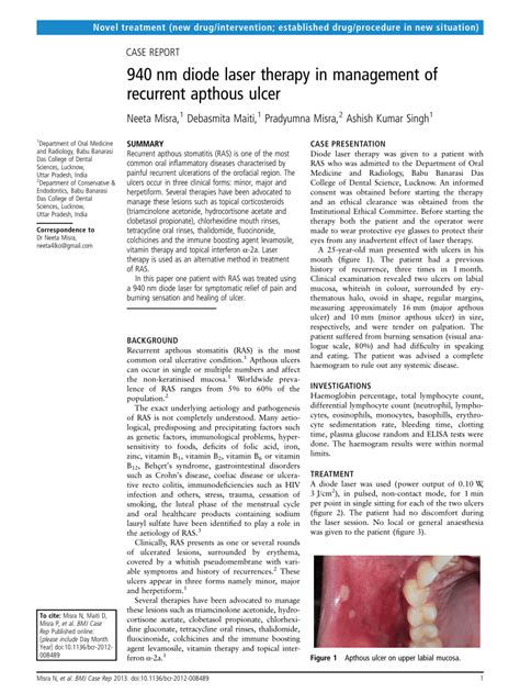 Pdf 940 Nm Diode Laser Therapy In Management Of Recurrent Apthous Ulcer